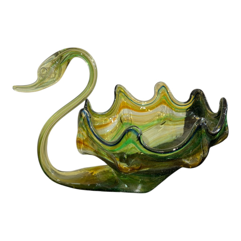 Vintage Large Green Swirl Hand Blown Art Glass Swan dish